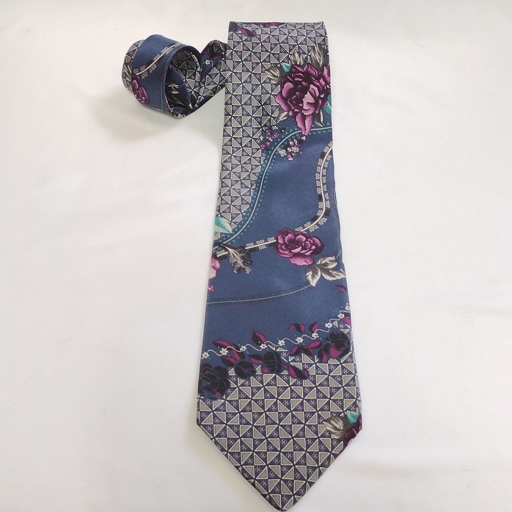 Geoffrey Beene Italian Silk Tie Retro 80s Geometric Floral Teal Gray Plum